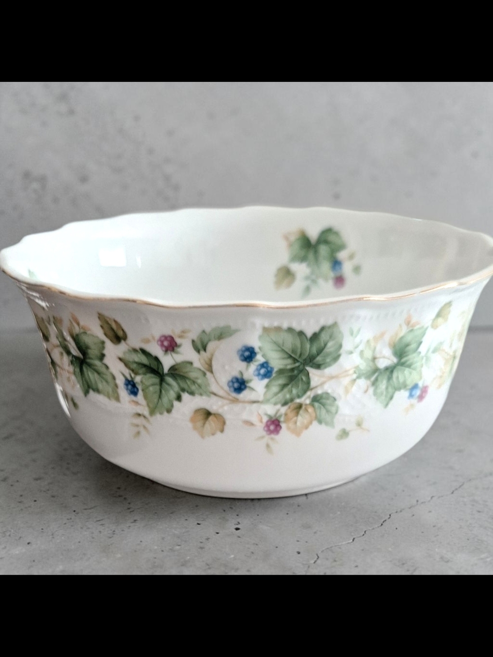Andrea By Sadek White Porcelain Bowl with Green Leaves and Blue/Pink Flowers!